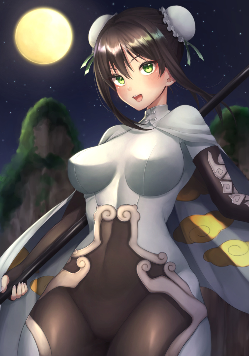 1girl :d bangs blush bodysuit breasts brown_bodysuit brown_gloves brown_hair bun_cover cape chinese_clothes commentary_request covered_navel double_bun elbow_gloves eyebrows_visible_through_hair fate/grand_order fate_(series) fingerless_gloves fingernails full_moon gloves green_eyes hair_between_eyes head_tilt highres holding large_breasts long_hair looking_at_viewer moon night night_sky open_mouth outdoors qin_liangyu_(fate) round_teeth side_bun sidelocks sky smile solo star_(sky) starry_sky teeth upper_teeth white_cape yayoimaka03