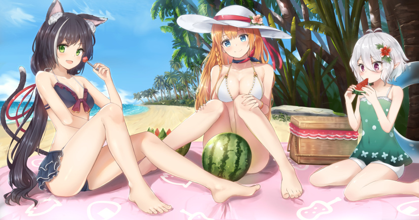 3girls :d animal_ear_fluff animal_ears antenna_hair ass bangs bare_arms bare_legs bare_shoulders barefoot beach beach_mat bikini bikini_skirt black_bikini black_hair blue_eyes blue_sky blush bracelet braid breasts cat_ears cat_tail choker cleavage closed_mouth clouds collarbone commentary_request dargo day eating eyebrows_visible_through_hair fang flower food forest frills front-tie_bikini front-tie_top fruit green_eyes green_shirt hair_between_eyes hair_flower hair_ornament halterneck hat hat_flower hat_ribbon head_tilt highres holding holding_food holding_fruit horizon jewelry knees_up kokkoro_(princess_connect!) kyaru_(princess_connect) large_breasts long_hair looking_at_viewer low-tied_long_hair multicolored_hair multiple_girls nature ocean open_mouth orange_hair outdoors pecorine picnic_basket pointy_ears princess_connect! princess_connect!_re:dive red_eyes red_flower red_ribbon ribbon rock shadow shirt short_hair short_shorts shorts sidelocks silver_hair sitting sky sleeveless sleeveless_shirt smile spaghetti_strap streaked_hair sun_hat swimsuit tail thighs tree very_long_hair wariza watermelon white_bikini white_hair white_hat white_shorts