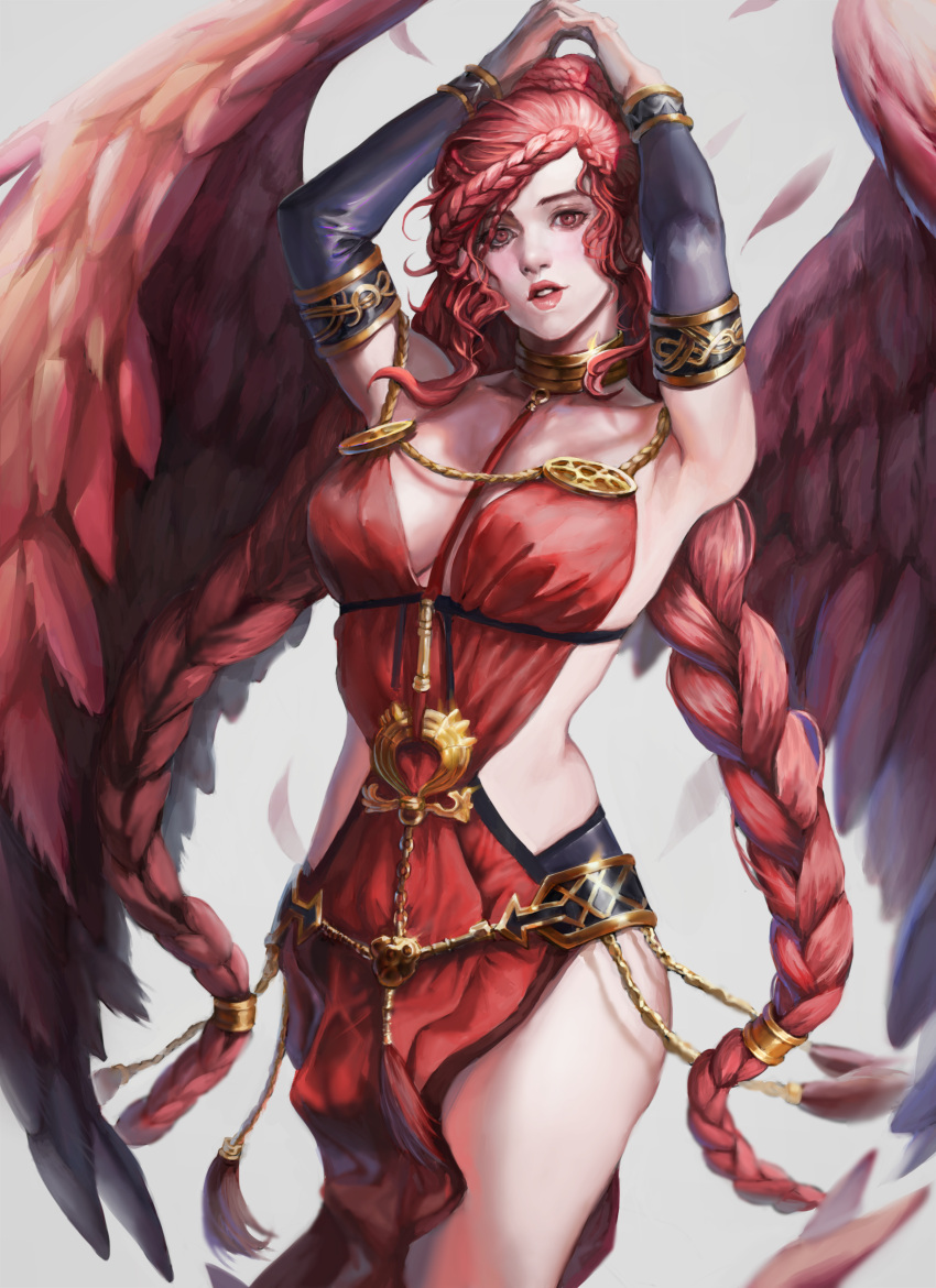 1girl absurdres arm_warmers arms_up braid breasts cleavage gold_trim grey_background hair_bun hair_ornament hands_together highres looking_at_viewer mabinogi medium_breasts mucuzi parted_lips red_eyes red_wings redhead simple_background solo standing wings