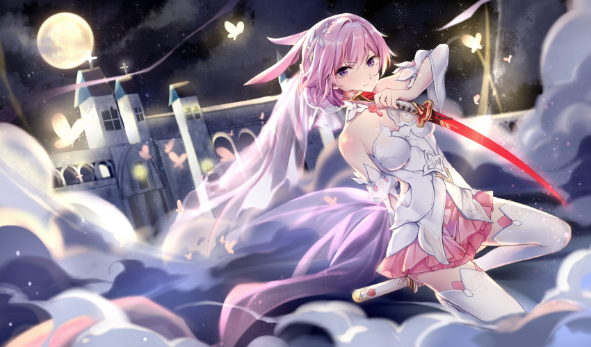 1girl animal_ears bare_shoulders blush breasts bridal_veil bride bug butterfly church cleavage clouds collarbone detached_sleeves dress dual_wielding fox_ears full_moon gou_lianlian_dogface hair_flaps hair_up highres holding honkai_impact insect katana long_hair medium_breasts messy_hair moon night pink_hair pink_skirt skirt sky solo star_(sky) starry_sky sword veil very_long_hair violet_eyes weapon wedding_dress white_dress white_legwear wind wind_lift yae_sakura_(honkai_impact)