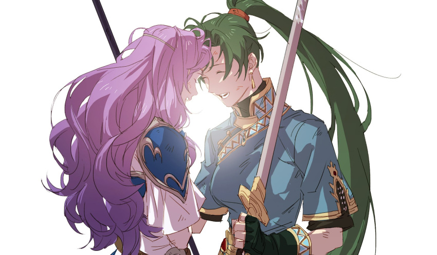 2girls armor blue_eyes blush dress fingerless_gloves fire_emblem fire_emblem:_rekka_no_ken florina gloves green_eyes green_hair highres jewelry long_hair lyndis_(fire_emblem) multiple_girls nintendo open_mouth pegasus_knight ponytail purple_hair smile weapon yarr