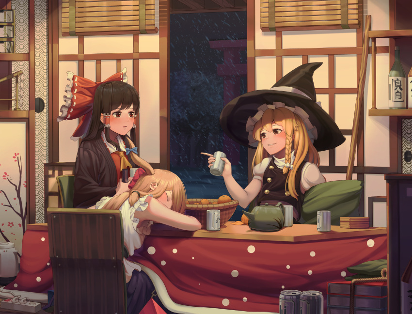 3girls absurdres asahi_breweries ascot bangs bare_arms basket black_hair black_hat black_vest blonde_hair blue_bow blush book_stack bottle bow braid broom brown_hair buttons can closed_eyes commentary drunk electric_socket english_commentary food fruit goback hair_bow hair_ornament hair_tubes hakurei_reimu hat highres holding holding_can horn_bow horns huge_filesize ibuki_suika indoors kirisame_marisa kotatsu long_hair mandarin_orange multiple_girls night pillow pointing purple_skirt red_bow red_eyes ribbon_trim shirt side_braid sidelocks single_braid skirt sleeping sleeveless sleeveless_shirt smile snowing table teapot torii touhou vest white_bow white_shirt winter witch_hat yellow_neckwear