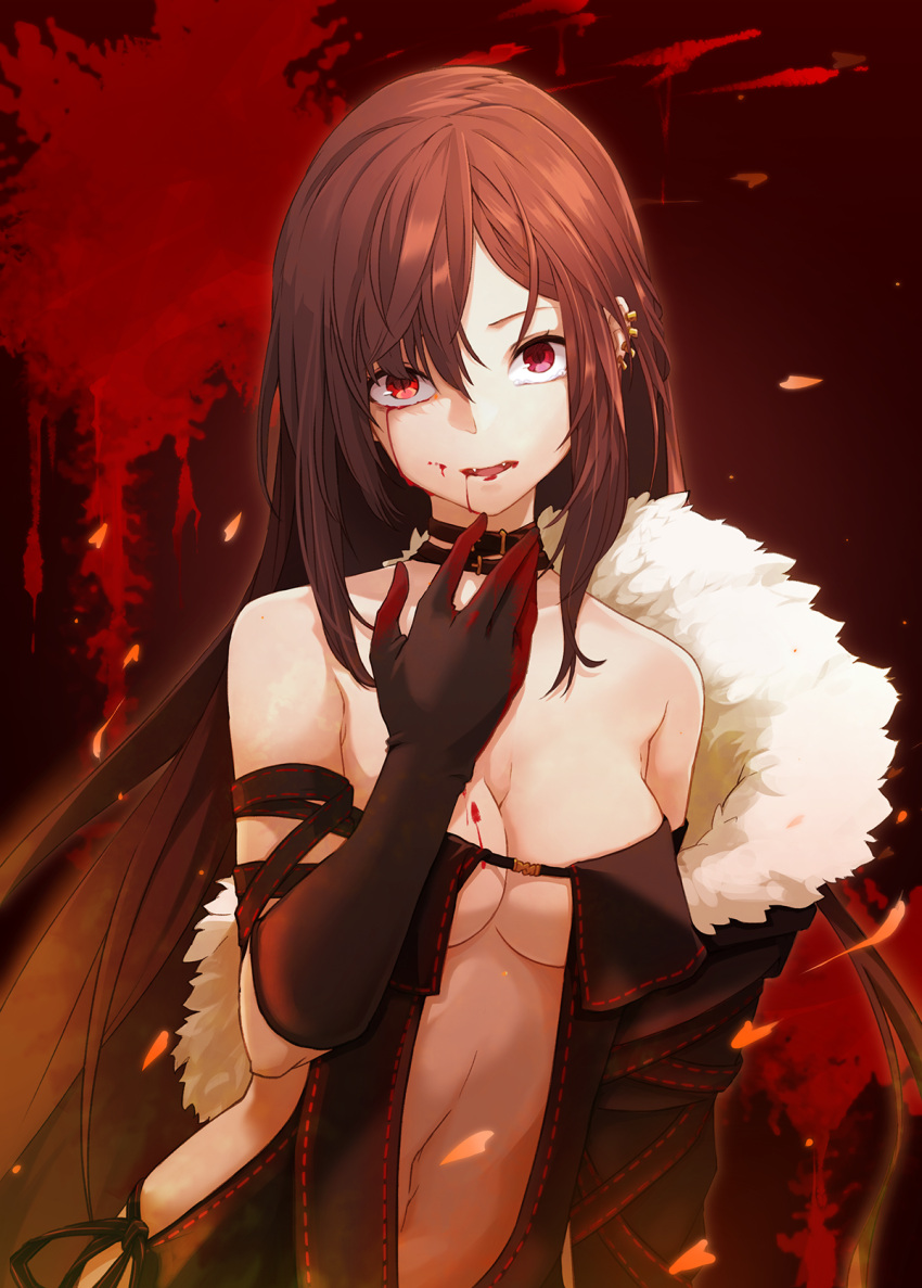 1girl bangs bare_shoulders black_dress blood blood_from_mouth bloody_hands bloody_tears breasts brown_hair center_opening choker collarbone consort_yu_(fate) dress earrings fangs fate/grand_order fate_(series) fur-trimmed_jacket fur_trim highres jacket jewelry long_hair looking_at_viewer medium_breasts multiple_earrings navel off_shoulder red_eyes revealing_clothes sidelocks solo strapless strapless_dress tearing_up very_long_hair yayilu