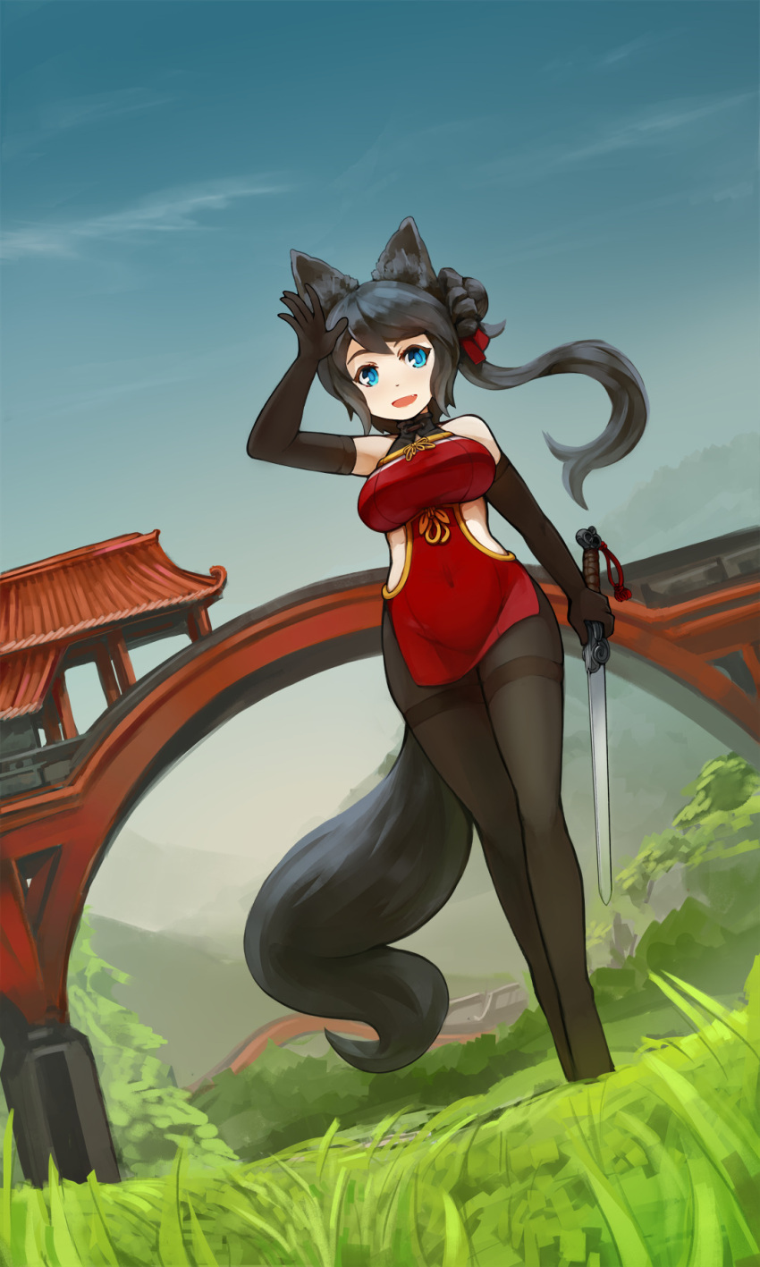 1girl animal_ears arceonn bangs bare_shoulders black_hair black_legwear blue_eyes blue_sky breasts china_dress chinese_clothes covered_navel dress dutch_angle elbow_gloves fang gloves hair_bun highres holding holding_sword holding_weapon long_hair medium_breasts one_side_up original outdoors pantyhose short_dress short_sword sky sleeveless sleeveless_dress solo swept_bangs sword tail thighband_pantyhose unaligned_breasts walking waving weapon wolf_ears wolf_tail