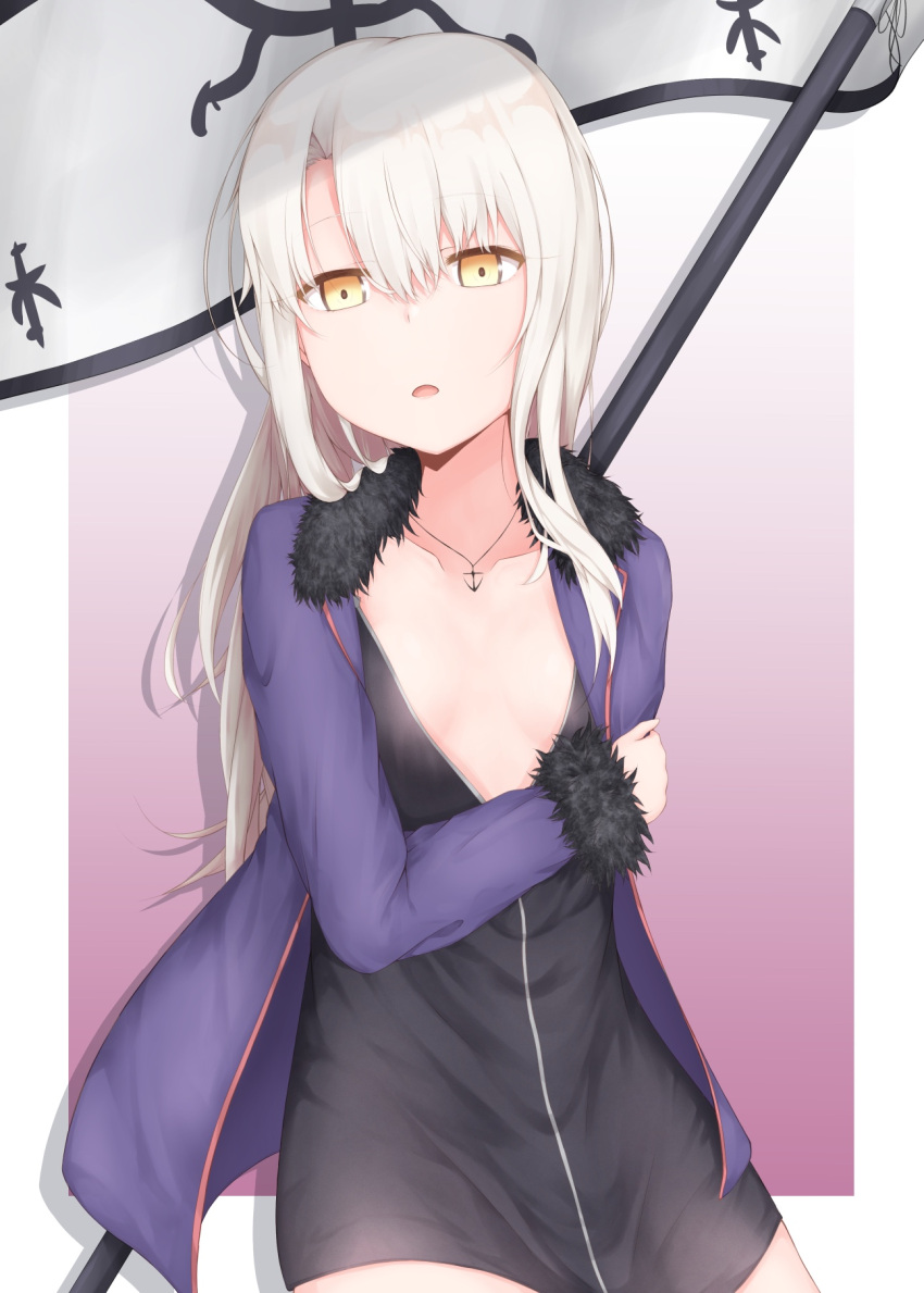 1girl anchor_necklace banner black_dress breasts cleavage collarbone cosplay cowboy_shot dress fate_(series) fur-trimmed_jacket fur_trim highres illyasviel_von_einzbern jacket jeanne_d'arc_(alter)_(fate) jeanne_d'arc_(alter)_(fate)_(cosplay) jeanne_d'arc_(fate)_(all) jewelry long_hair looking_at_viewer necklace open_clothes open_jacket open_mouth purple_jacket seven_d3t short_dress silver_hair small_breasts solo very_long_hair yellow_eyes