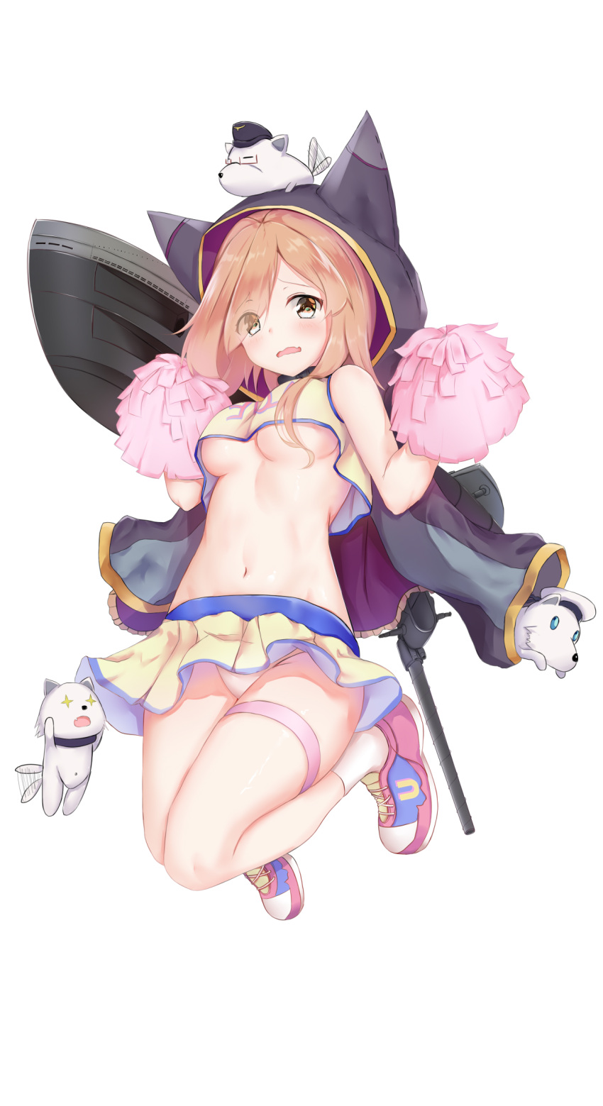 1girl animal_ears animal_hood bangs blush breasts brown_hair cheerleader crop_top dog eyebrows_visible_through_hair eyes_visible_through_hair fake_animal_ears filings_(ailuo_c) full_body groin hair_over_one_eye highres hood hood_up legs_up long_hair looking_at_viewer medium_breasts miniskirt navel open_mouth parted_bangs pleated_skirt pom_poms shoes simple_background skirt sleeves sneakers socks solo thigh_strap u81_(zhan_jian_shao_nyu) under_boob white_background white_legwear yellow_eyes yellow_skirt zhan_jian_shao_nyu