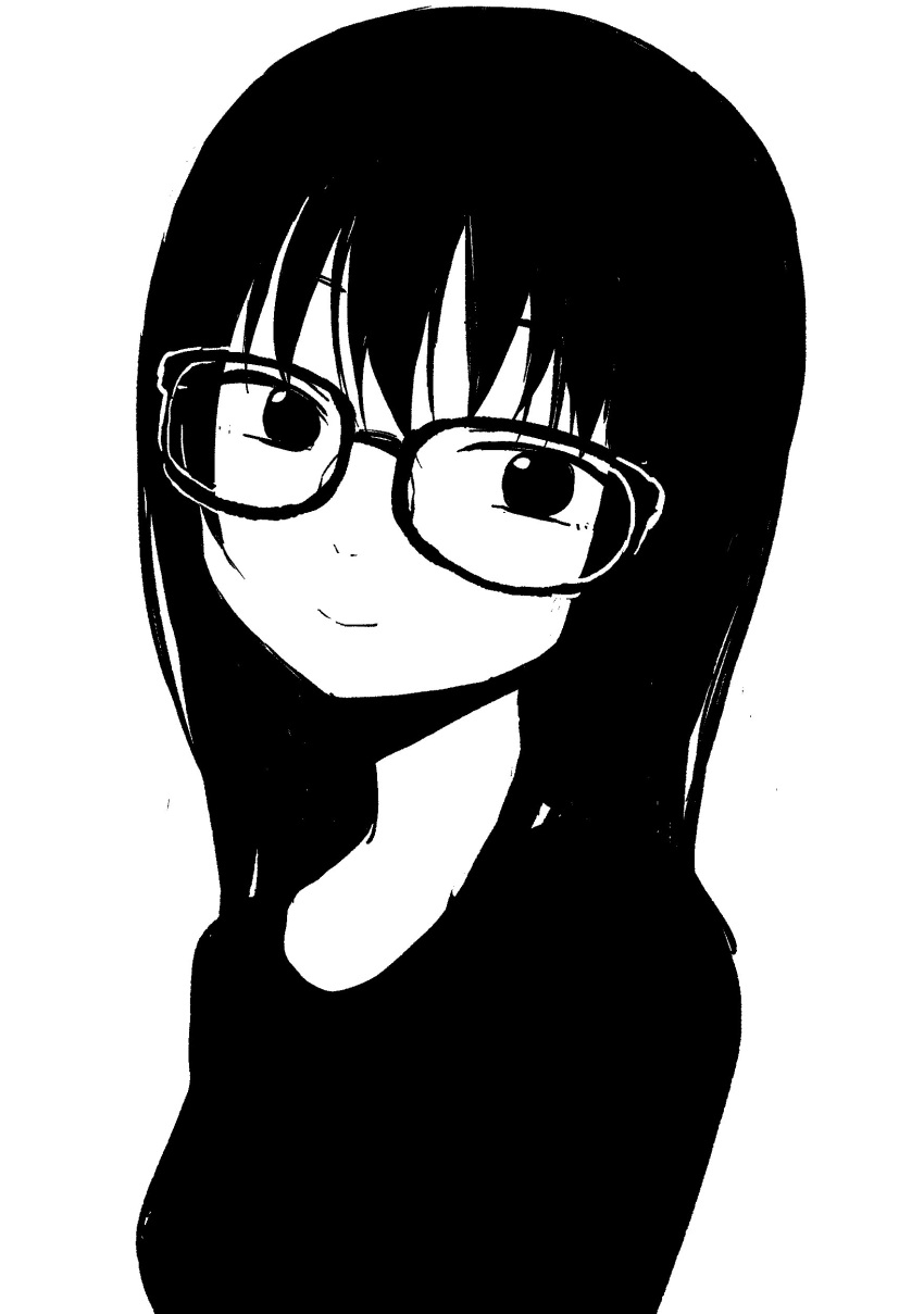 1girl absurdres bangs closed_mouth commentary_request glasses greyscale highres long_hair looking_at_viewer monochrome original shirt simple_background smile solo upper_body white_background yamamoto_souichirou