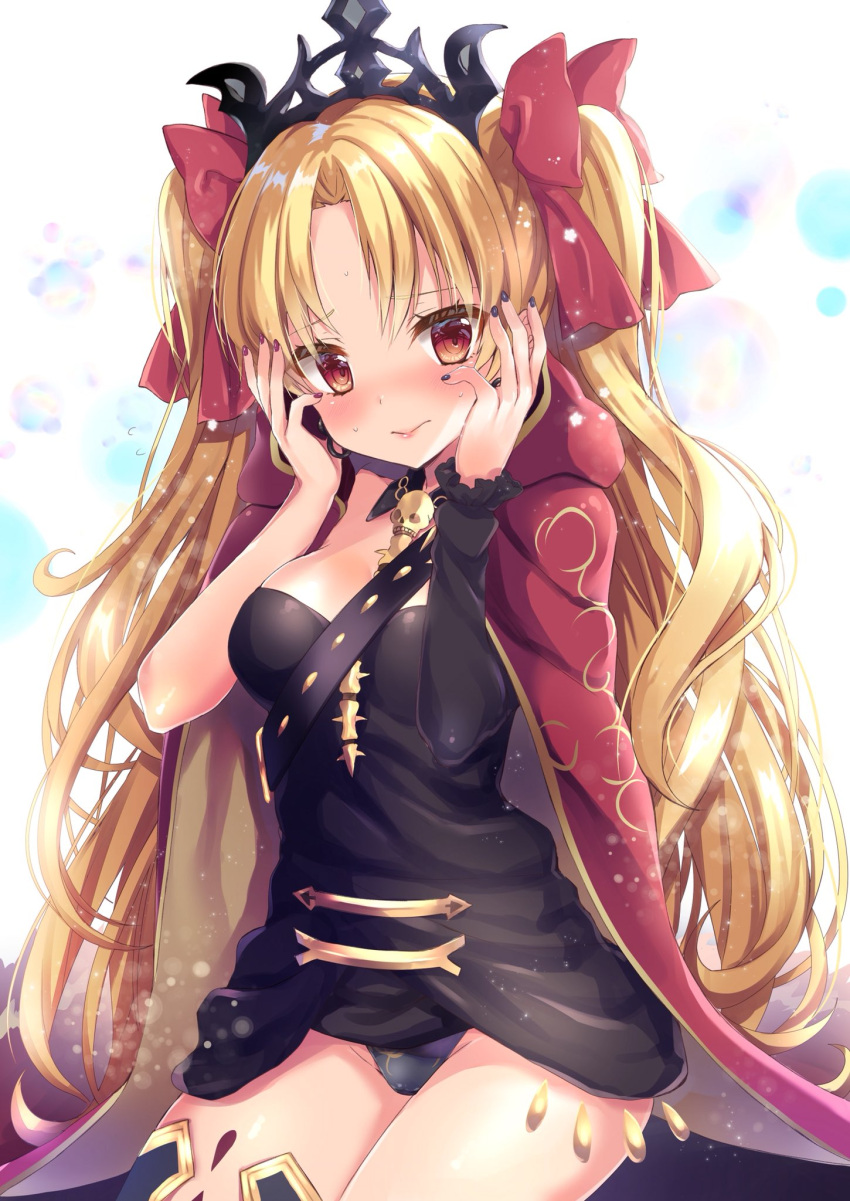 1girl asymmetrical_legwear asymmetrical_sleeves bangs blonde_hair blush bow breasts cape commentary_request cowboy_shot detached_collar diadem earrings embarrassed ereshkigal_(fate/grand_order) eyebrows_visible_through_hair fate/grand_order fate_(series) gold_trim hair_bow hair_ribbon hands_on_own_cheeks hands_on_own_face highres honoka_chiffon hood hood_down hooded_cape jewelry leotard_under_clothes lips long_hair looking_at_viewer medium_breasts nail_polish parted_bangs red_bow red_cape red_eyes ribbon simple_background single_sleeve single_thighhigh skull_necklace solo spine thigh-highs twintails two_side_up very_long_hair wavy_hair white_background