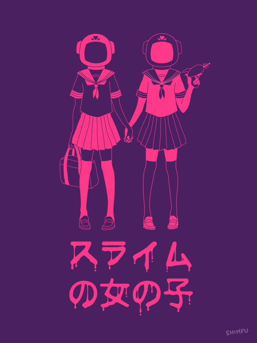 arm_at_side arm_up arms_at_sides commentary english_commentary facing_viewer full_body gun hand_holding heart helmet highres holding holding_gun holding_weapon loafers monochrome neckerchief pink pleated_skirt sailor_collar shoes short_sleeves side-by-side simple_background skirt standing stephanie_shih thigh-highs weapon zettai_ryouiki