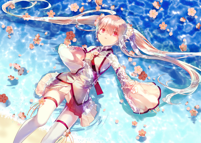 1girl bangs beach commentary_request detached_sleeves eyebrows_visible_through_hair fingernails flower flower_on_liquid hair_between_eyes hair_flower hair_ornament hatsune_miku highres long_sleeves lying on_back partially_submerged pink_flower pink_hair pleated_skirt red_eyes sakura_miku sand shallow_water shirt skirt sleeves_past_wrists solo thigh-highs twintails vocaloid water white_legwear white_shirt white_skirt wide_sleeves xinta