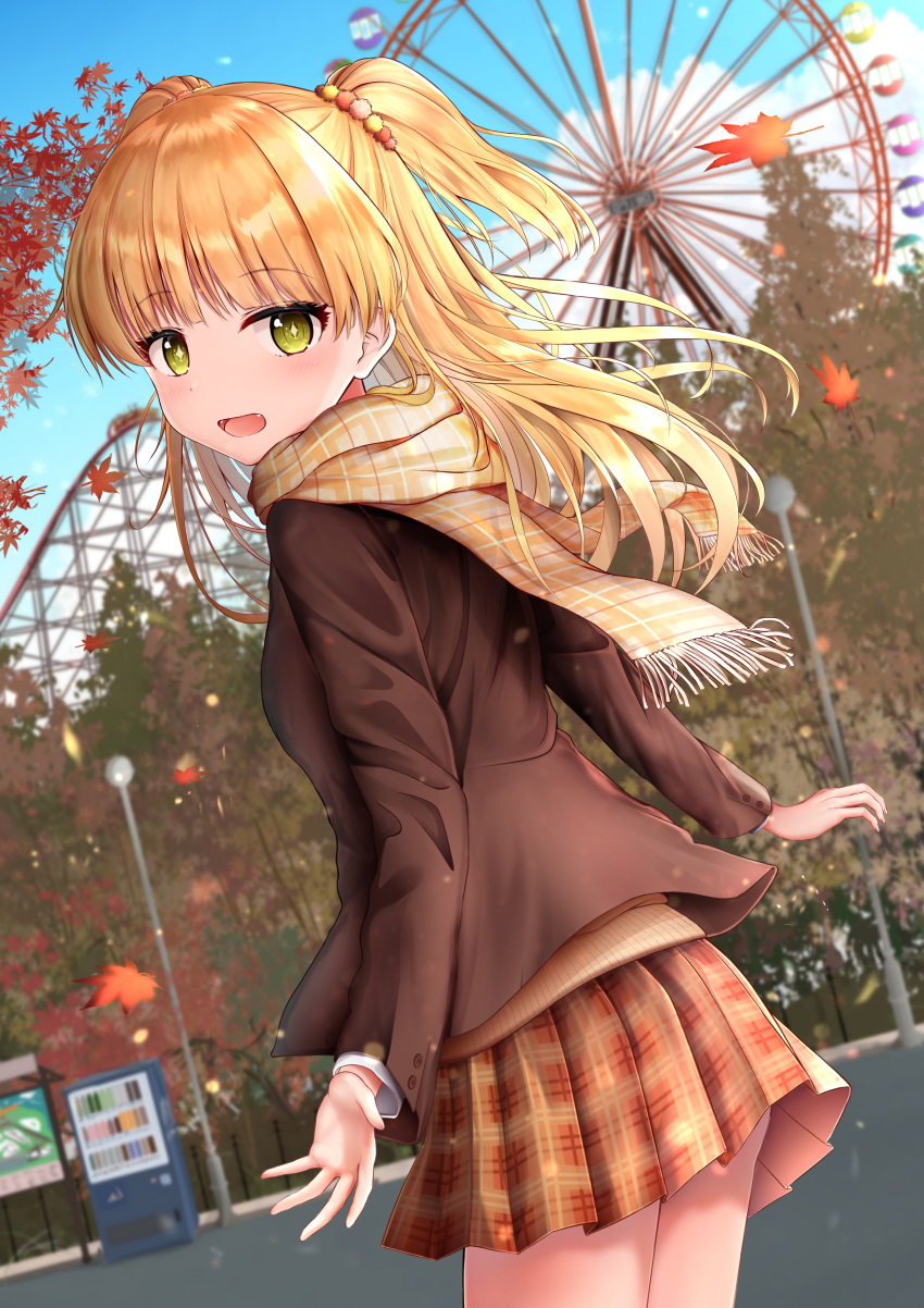 1girl :d absurdres autumn_leaves bangs blazer blonde_hair blue_sky blurry blurry_background blush brown_jacket brown_scarf brown_skirt clouds commentary_request day depth_of_field eyebrows_visible_through_hair fangs ferris_wheel fingernails fringe_trim green_eyes highres idolmaster idolmaster_cinderella_girls jacket jougasaki_rika karu_(qqqtyann) lamppost long_hair long_sleeves looking_at_viewer looking_back open_blazer open_clothes open_jacket open_mouth outdoors plaid plaid_scarf plaid_skirt pleated_skirt roller_coaster scarf skirt sky smile solo sweater_vest two_side_up vending_machine very_long_hair