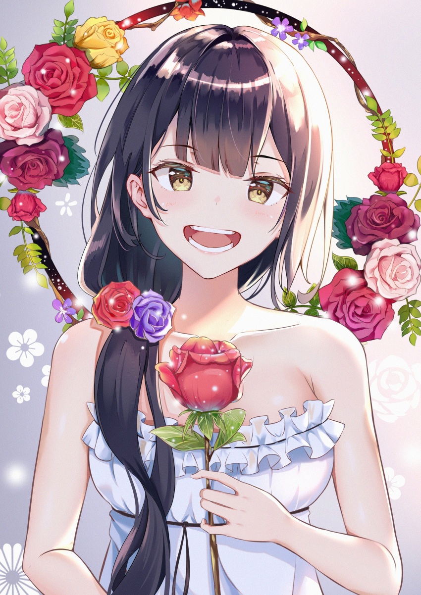 1girl :d bangs bare_arms bare_shoulders black_hair blush brown_eyes dress eyebrows_visible_through_hair flower hair_flower hair_ornament hair_over_shoulder head_tilt highres holding holding_flower long_hair low_ponytail mobu_(wddtfy61) open_mouth original pink_flower pink_rose ponytail purple_flower purple_rose red_flower red_rose rose sidelocks smile solo strapless strapless_dress very_long_hair white_dress