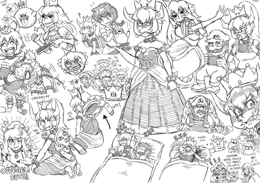 3boys 4girls :d anger_vein angry annoyed ayyk92 bespectacled black_sclera blood boo bowser bowsette bracelet bubble_blowing character_request chewing_gum collar commentary_request crown dr._crygor dress earrings english fang fangs fingernails futon glasses greyscale grin highres horns italian jewelry koopa_troopa laughing link long_dress looking_at_viewer luigi's_mansion mario super_mario_bros. monochrome moon_(majora's_mask) multiple_boys multiple_girls muscle navi new_super_mario_bros._u_deluxe nintendo nintendo_switch open_mouth ponytail princess_king_boo princess_peach ranguage ranma-chan ranma_1/2 shaded_face sharp_nails sharp_teeth signature simple_background sketch sleeping smile sparkle spiked_bracelet spiked_collar spikes sweatdrop teeth the_legend_of_zelda the_legend_of_zelda:_majora's_mask tongue tongue_out wario white_background wide-eyed zzz