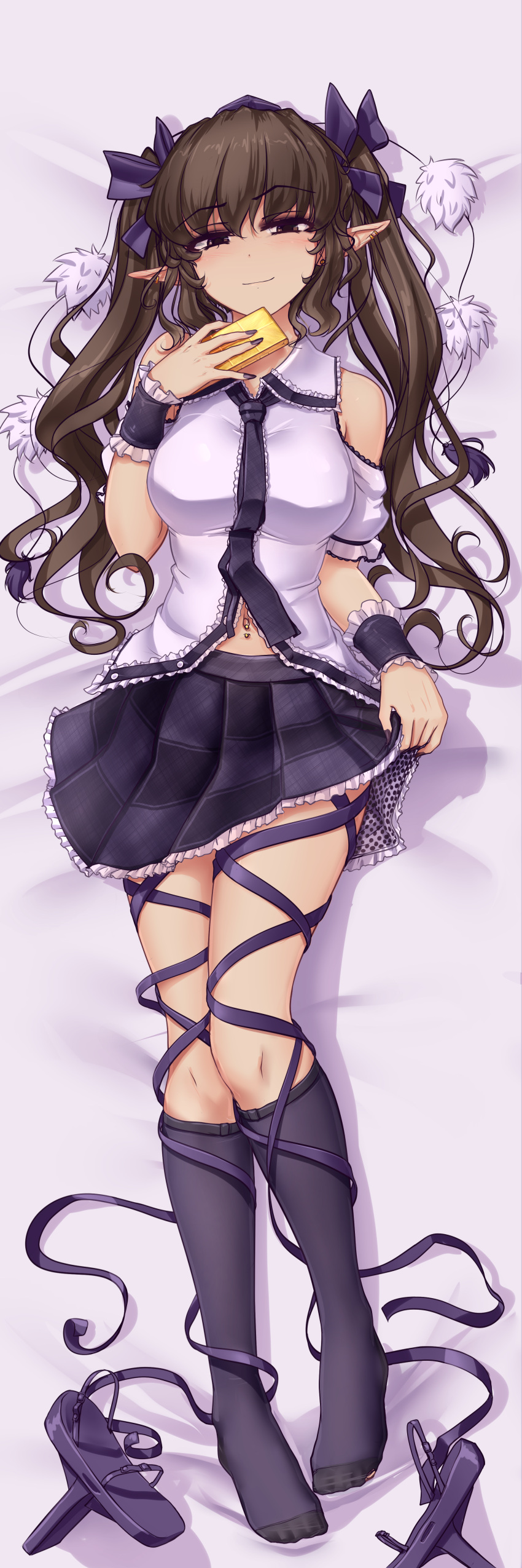 1girl absurdres bangs bed_sheet breasts brown_hair cellphone checkered checkered_skirt closed_eyes collared_shirt commentary dakimakura ear_piercing english_commentary eyebrows_visible_through_hair footwear_removed frilled_shirt frills full_body geta hair_ribbon hand_up hat hater_(hatater) head_tilt highres himekaidou_hatate holding holding_phone hole_in_sock kneehighs leg_ribbon long_hair lying medium_breasts miniskirt nail_polish navel navel_piercing necktie no_shoes on_back phone piercing pointy_ears pom_pom_(clothes) purple_hat purple_legwear purple_nails purple_ribbon purple_skirt ribbon shirt shoes_removed skirt skirt_hold smile socks solo tengu-geta tokin_hat torn_clothes torn_legwear torn_socks touhou twintails violet_eyes wavy_hair white_shirt wing_collar wrist_cuffs