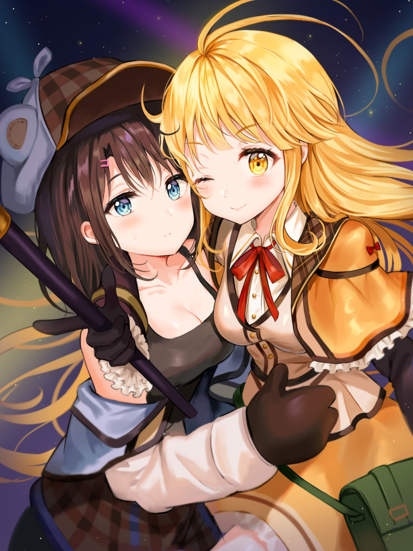 2girls absurdres animal_hat antenna_hair bag bang_dream! bangs black_gloves black_hair black_shirt blonde_hair blue_eyes breasts brown_hat buttons capelet cleavage closed_mouth collarbone collared_shirt expressionless eyebrows_visible_through_hair frilled_sleeves frills gloves hair_ornament hairclip hat highres holding holding_wand hug jacket long_hair long_sleeves looking_at_viewer medium_breasts multiple_girls neck_ribbon off_shoulder okusawa_misaki one_eye_closed red_neckwear ribbon shirt short_hair side-by-side sidelocks sleeveless sleeveless_shirt smile star starry_background thumbs_up tokkyu_(user_mwwe3558) tsurumaki_kokoro upper_body wand white_jacket white_shirt yellow_eyes