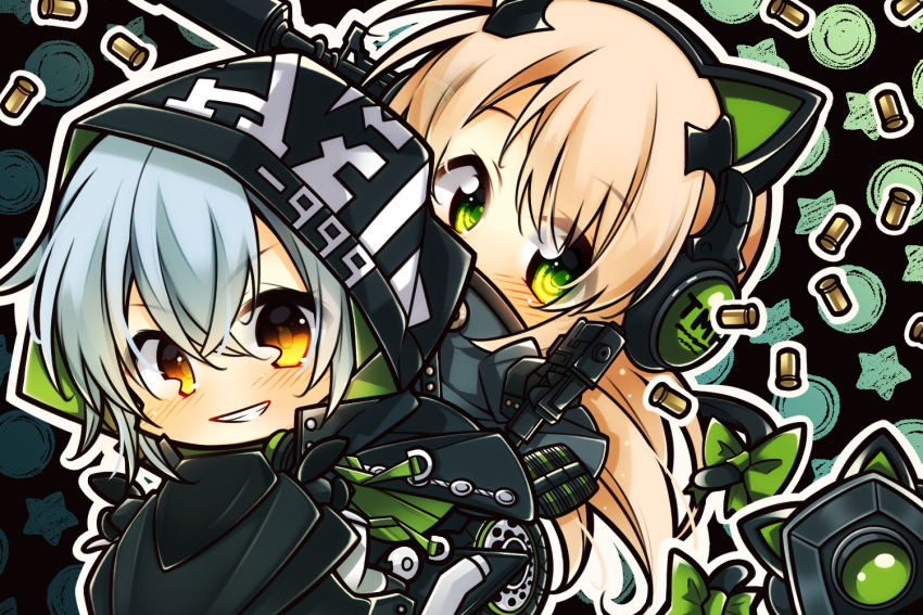 2girls 7:08 aek-999_(girls_frontline) bangs black_jacket blonde_hair blush bow cat_ear_headphones cat_tail chibi eyebrows_visible_through_hair girls_frontline green_eyes grin gun hair_between_eyes headphones headphones_around_neck hood jacket long_hair looking_at_viewer multiple_girls shell_casing silver_hair smile steyr_tmp submachine_gun tail tmp_(girls_frontline) weapon yellow_eyes