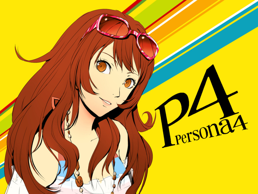 1girl alternate_hairstyle atlus brown_eyes brown_hair collarbone eyewear_on_head head_tilt highres jewelry kujikawa_rise liangxieyue long_hair looking_at_viewer megami_tensei necklace parted_lips persona persona_4 red-tinted_eyewear smile solo sunglasses upper_body yellow_background