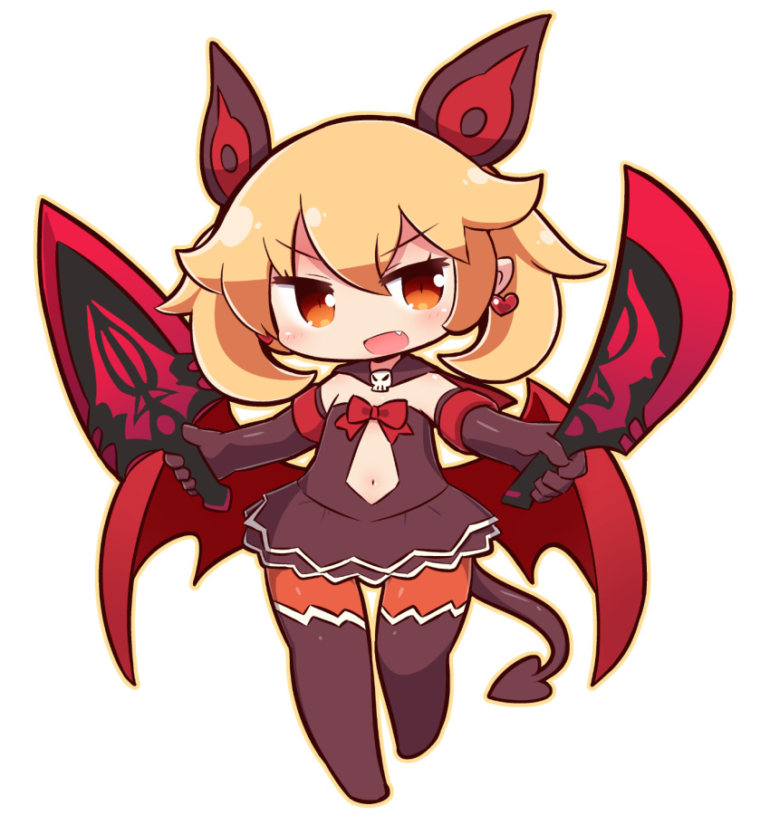 1girl :d bangs blonde_hair blush brown_dress brown_eyes brown_gloves brown_legwear commentary_request copyright_request dagger demon_girl demon_tail demon_wings dress dual_wielding earrings elbow_gloves eyebrows_visible_through_hair fang full_body gloves hair_between_eyes head_tilt heart heart_earrings highres holding holding_dagger holding_weapon jewelry long_hair looking_at_viewer naga_u navel no_shoes open_mouth red_wings sidelocks simple_background smile solo standing standing_on_one_leg strapless strapless_dress tail thigh-highs weapon white_background wings