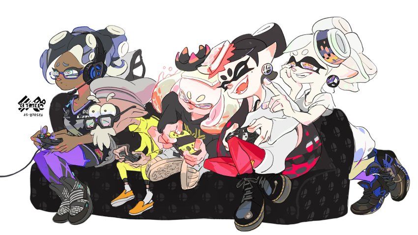 +_+ 1boy 4girls alternate_costume aori_(splatoon) artist_request beard bespectacled black_hair boots cephalopod_eyes closed_eyes commander_atarime couch cousins crown dark_skin domino_mask earrings facial_hair fangs food food_on_head gamecube_controller glasses hat headset highres hime_(splatoon) hotaru_(splatoon) iida_(splatoon) jersey jewelry mask mole mole_under_eye mole_under_mouth multicolored multicolored_hair multicolored_skin multiple_girls nintendo nintendo_switch nintendo_switch_controller object_on_head off_shoulder official_art open_mouth playing_games pointy_ears pout purple_legwear red_legwear shirt shoes sitting sneakers splatoon splatoon_(series) splatoon_1 splatoon_2 squidbeak_splatoon super_smash_bros. sweater tears tentacle_hair thick_eyebrows white_shirt