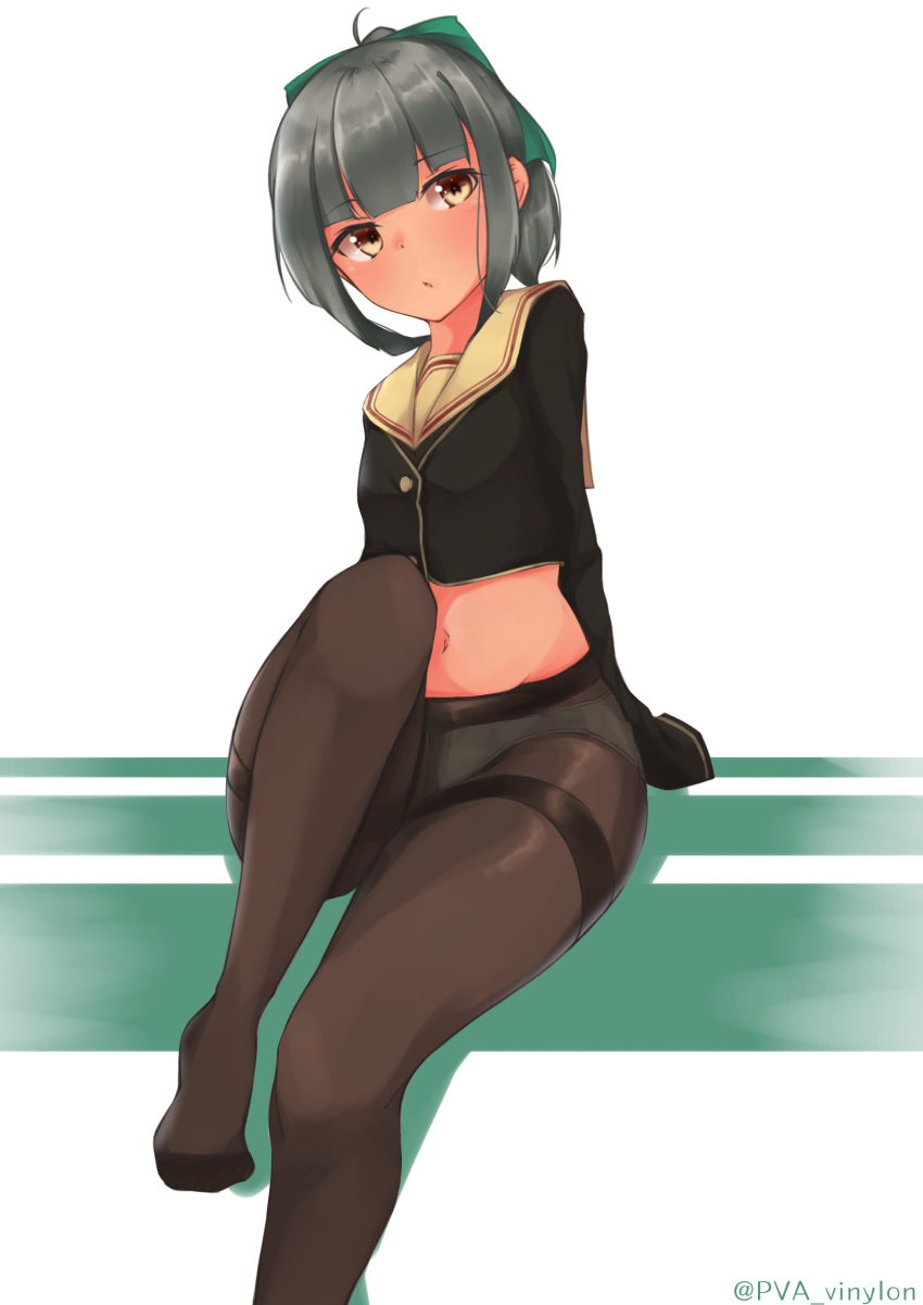 1girl absurdres adapted_costume alternate_costume bangs blunt_bangs blush bow brown_eyes commentary_request green_bow grey_hair hair_bow highres kantai_collection knee_up legs long_hair looking_at_viewer navel no_pants panties panties_under_pantyhose pantyhose plantar_flexion school_uniform simple_background sitting sleeves_past_wrists solo thighband_pantyhose thighs twitter_username underwear uut white_background yuubari_(kantai_collection)