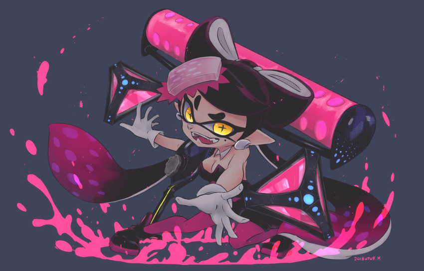 +_+ 1girl ankle_boots aori_(splatoon) black_background black_footwear black_hair black_jumpsuit bomb_rush_(splatoon) boots breasts cleavage commentary dated detached_collar domino_mask earrings fangs food food_on_head gloves glowing glowing_eyes gradient_hair hero_roller_(splatoon) highres holding holding_weapon jewelry leaning_forward long_hair looking_at_viewer mask medium_breasts mole mole_under_eye multicolored_hair object_on_head okome_2g2g open_mouth paint_splatter pantyhose pointy_ears purple_hair purple_legwear short_jumpsuit smirk solo splat_bomb_(splatoon) splatoon splatoon_(series) splatoon_1 standing strapless tentacle_hair throwing very_long_hair weapon white_gloves yellow_eyes