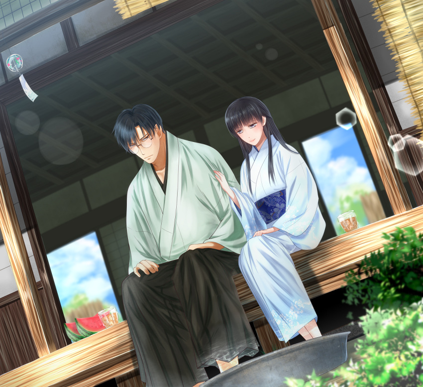 1boy 1girl black_hair blue_kimono blue_sky brown_eyes day dutch_angle food fruit glass glasses hakama izumi_(stardustalone) japanese_clothes kimono lens_flare long_hair original outdoors plant renri_no_chigiri_wo_kimi_to_shiru scenery sky smile soaking_feet summer veranda watermelon wind_chime