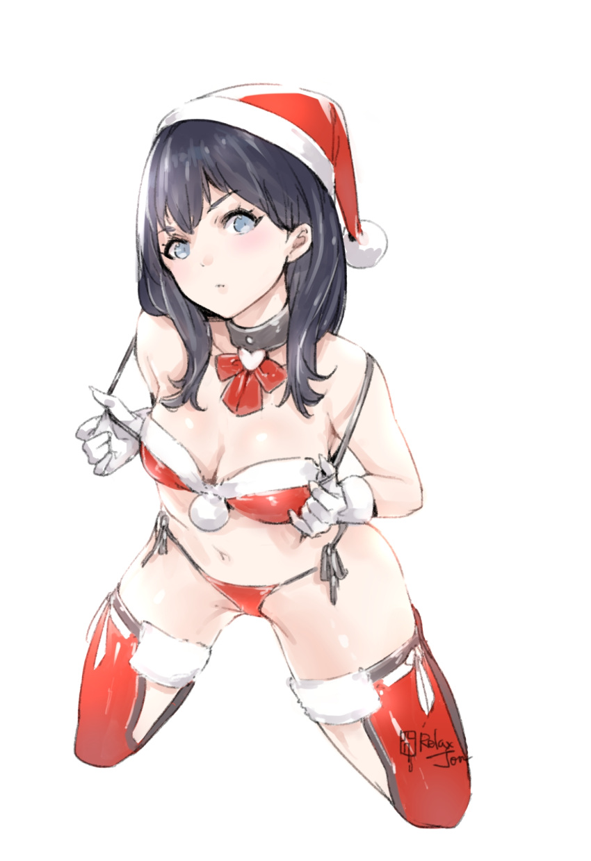 1girl artist_name bangs bare_shoulders bikini black_hair blue_eyes blush breasts cleavage collar collarbone fur_trim gloves hat highres kneeling long_hair looking_at_viewer medium_breasts navel off_shoulder red_bikini red_legwear relaxjon santa_hat side-tie_bikini signature simple_background sketch solo ssss.gridman swimsuit takarada_rikka thigh-highs white_background white_gloves