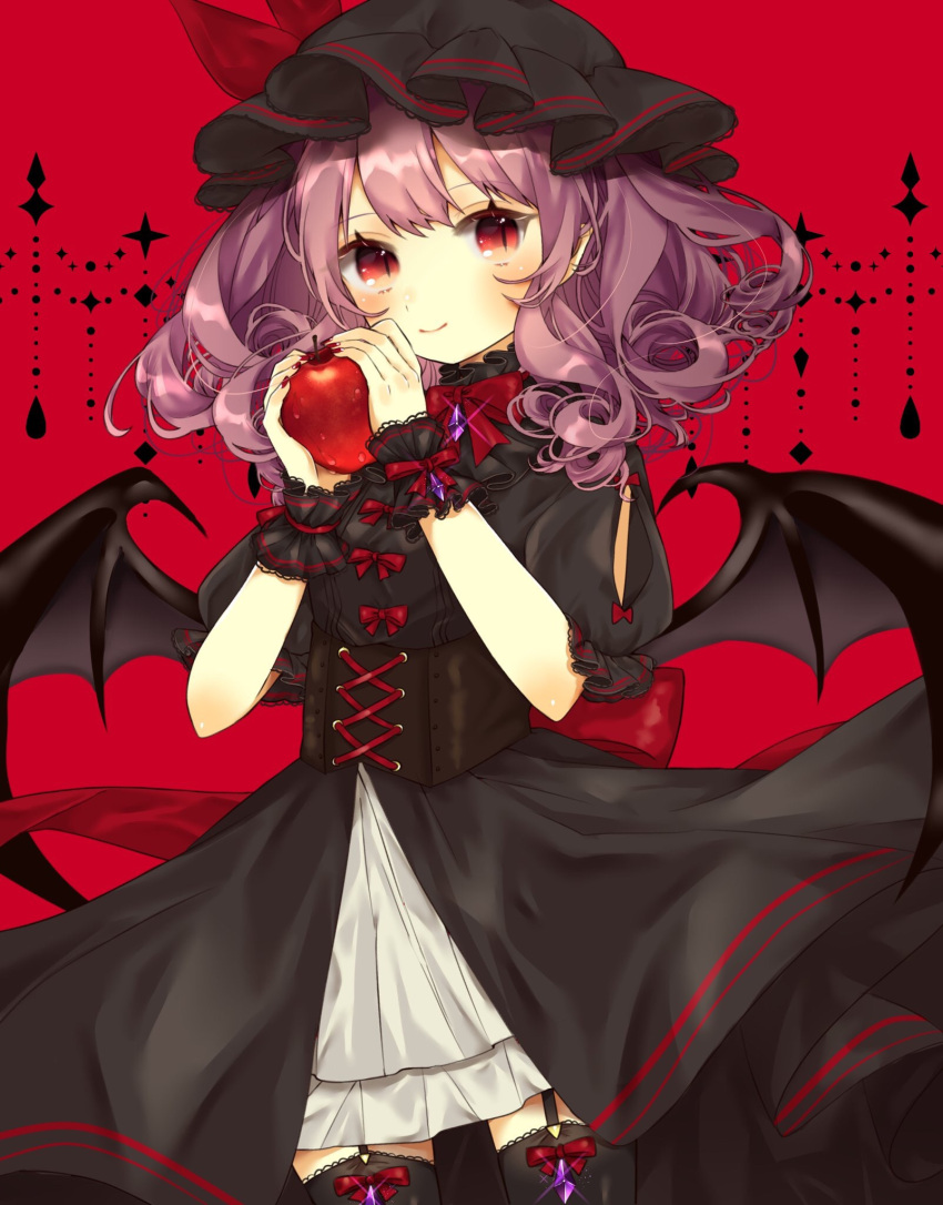 1girl alternate_color alternate_costume apple bat_wings black_dress black_hat black_legwear blush bow bow_legwear bowtie closed_mouth commentary corset cowboy_shot cross-laced_clothes crystal curly_hair dress food frilled_sleeves frills fruit garters glint hat hat_ribbon highres holding holding_food holding_fruit looking_at_viewer medium_hair mob_cap nail_polish puffy_short_sleeves puffy_sleeves purple_hair red_background red_bow red_eyes red_nails red_ribbon remilia_scarlet ribbon short_sleeves simple_background slit_pupils smile solo symbol_commentary thigh-highs touhou wings wrist_cuffs yedan