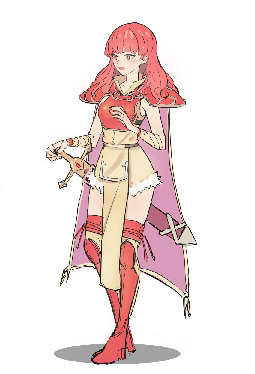 1girl absurdres armor cape celica_(fire_emblem) dress earrings fire_emblem fire_emblem_echoes:_mou_hitori_no_eiyuuou fire_emblem_gaiden fire_emblem_heroes gloves highres jewelry kiritzuguart long_hair nintendo pelvic_curtain red_eyes redhead simple_background sketch solo thigh-highs weapon