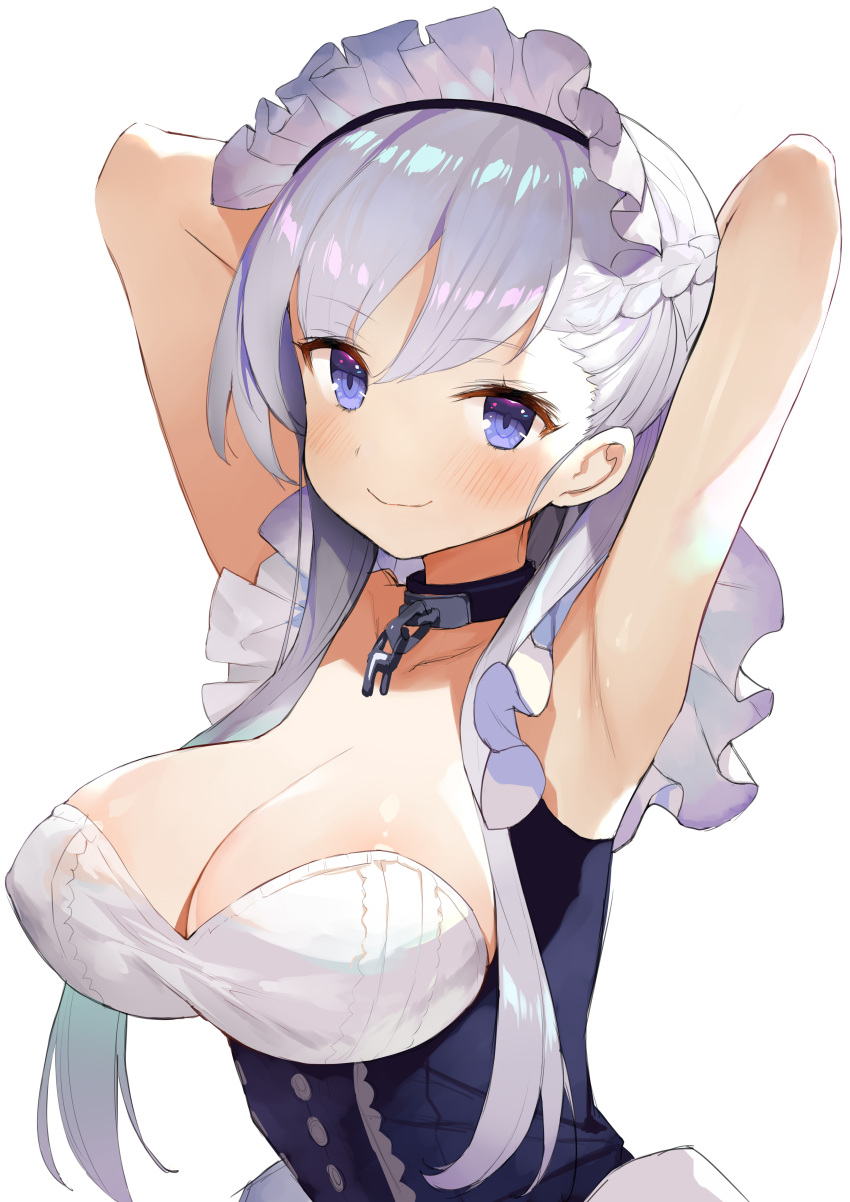 1girl absurdres armpits arms_behind_back arms_up asymmetrical_bangs azur_lane bangs belfast_(azur_lane) blush braid breasts cleavage closed_mouth collar eyebrows_visible_through_hair fanbox_reward highres large_breasts lavender_hair long_hair looking_at_viewer maid_headdress matsui_hiroaki paid_reward side_braid simple_background smile solo underbust violet_eyes white_background