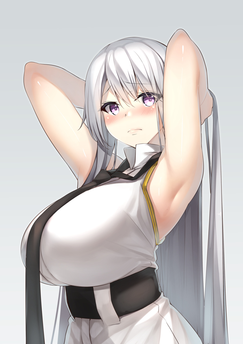 1girl absurdly_long_hair absurdres armpits arms_behind_head azur_lane bare_arms bare_shoulders belt black_belt black_neckwear blush breasts collared_shirt commentary_request enterprise_(azur_lane) eyebrows eyebrows_visible_through_hair eyelashes female from_side grey_background hair_lift hat highres huge_breasts lips long_hair looking_at_viewer necktie pink_lips shirt silver_hair simple_background sleeveless sleeveless_shirt solo underbust upper_body very_long_hair violet_eyes white_hat yamanokami_eaka