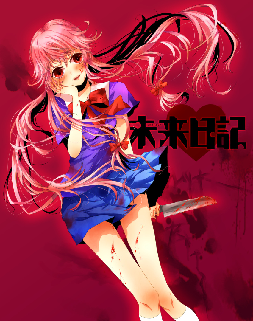 1girl :d anko_(chisha007) blood blood_splatter bloody_clothes bloody_weapon blue_shirt blue_skirt blush bow bowtie eyebrows_visible_through_hair floating_hair gasai_yuno hair_between_eyes hair_bow hand_on_own_cheek highres holding holding_knife knife long_hair looking_at_viewer miniskirt mirai_nikki open_mouth pink_hair pleated_skirt red_background red_bow red_eyes red_neckwear shirt short_sleeves skirt smile solo very_long_hair weapon white_legwear