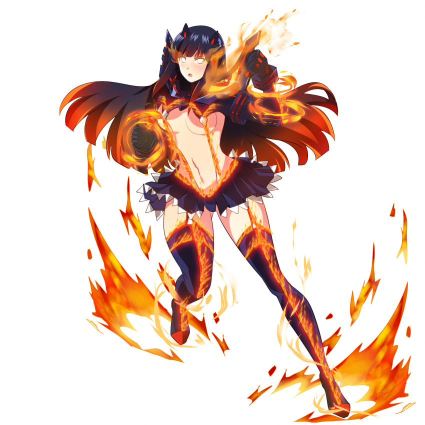 1girl absurdres avaloki black_hair breasts cosplay eyebrows_visible_through_hair eyes_visible_through_hair fighting_stance garter_straps gloves glowing glowing_eye glowing_eyes highlights highres hyuuga_hinata kill_la_kill large_breasts lavender_eyes living_clothes long_hair long_sleeves matoi_ryuuko matoi_ryuuko_(cosplay) midriff multicolored_hair naruto naruto_(series) naruto_shippuuden open_mouth revealing_clothes school_uniform senketsu serafuku skirt solo suspenders thigh-highs under_boob very_long_hair white_background white_eyes