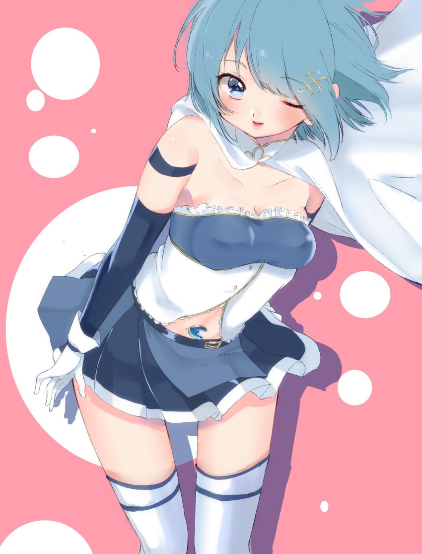 blue_eyes blue_hair breasts capelet cleavage detached_sleeves gloves highres magical_girl mahou_shoujo_madoka_magica medium_breasts miki_sayaka momoshikiya navel_cutout one_eye_closed pink_background purple_hair shadow skirt soul_gem white_capelet white_gloves white_legwear