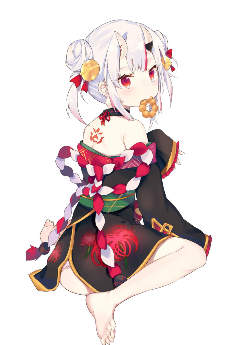 1girl bare_shoulders bell choker double_bun doughnut food food_in_mouth from_side hair_ornament hair_up highres hololive horns japanese_clothes kouhaku_nawa long_sleeves looking_at_viewer mask mask_on_head multicolored_hair nakiri_ayame nanakagura obi oni oni_horns panties pon_de_ring red_eyes redhead sash silver_hair sitting sleeves_past_wrists solo streaked_hair tattoo underwear virtual_youtuber
