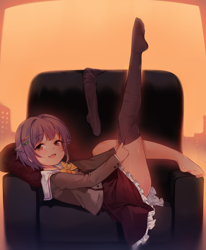 1girl :3 bangs barefoot blazer blush bow bowtie brown_eyes couch eyebrows_visible_through_hair feet frilled_skirt frills full_body hair_flaps hair_intakes hair_ornament hairclip highres idolmaster idolmaster_cinderella_girls jacket koshimizu_sachiko leg_up looking_at_viewer lying miniskirt no_shoes on_back open_mouth pillow purple_hair purple_skirt sailor_collar school_uniform short_hair single_thighhigh skirt smile solo takotsu thigh-highs yellow_background yellow_neckwear