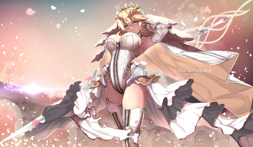 1girl ahoge armpits bangs belt blonde_hair blush bodysuit breasts bridal_veil chains cleavage eyebrows_visible_through_hair fate/extra fate/extra_ccc fate/grand_order fate_(series) flower full-length_zipper garter_straps gloves green_eyes highres large_breasts leotard lock long_hair looking_at_viewer medium_breasts nero_claudius_(bride)_(fate) nero_claudius_(fate) nero_claudius_(fate)_(all) open_clothes open_skirt outdoors padlock petals polearm single_thighhigh skindentation skirt smile solo spear thigh-highs untsue veil weapon white_footwear white_gloves white_legwear white_skirt wind wind_lift zipper zipper_footwear