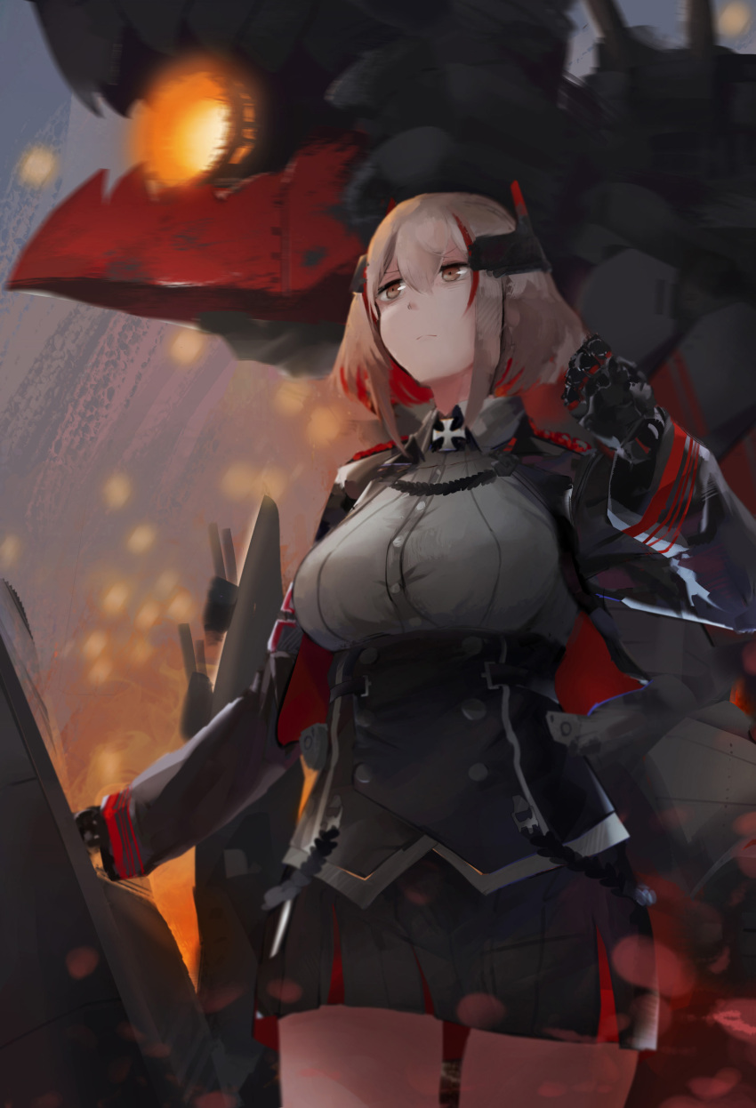 1girl absurdres azur_lane bangs blonde_hair breasts brown_eyes eyebrows_visible_through_hair hair_between_eyes headgear highres iron_cross jacket large_breasts long_sleeves multicolored_hair redhead rigging roon_(azur_lane) short_hair skirt solo streaked_hair xufei_(qrbqrb)