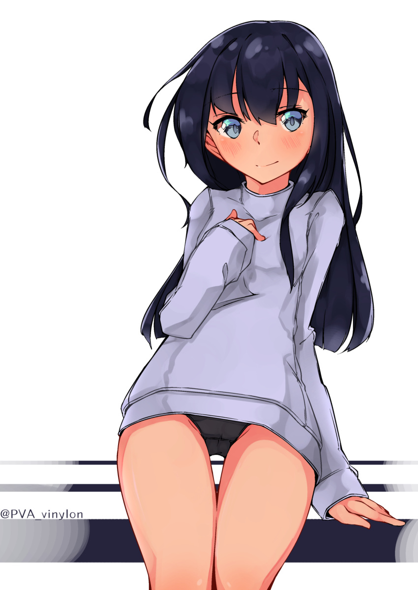 1girl akatsuki_(kantai_collection) alternate_costume arm_at_side arm_support black_hair blue_eyes blush casual commentary_request cowboy_shot flat_chest hand_on_own_chest highres kantai_collection leaning_back looking_at_viewer no_pants panties simple_background smile solo sweater thigh_gap thighs twitter_username underwear uut white_background