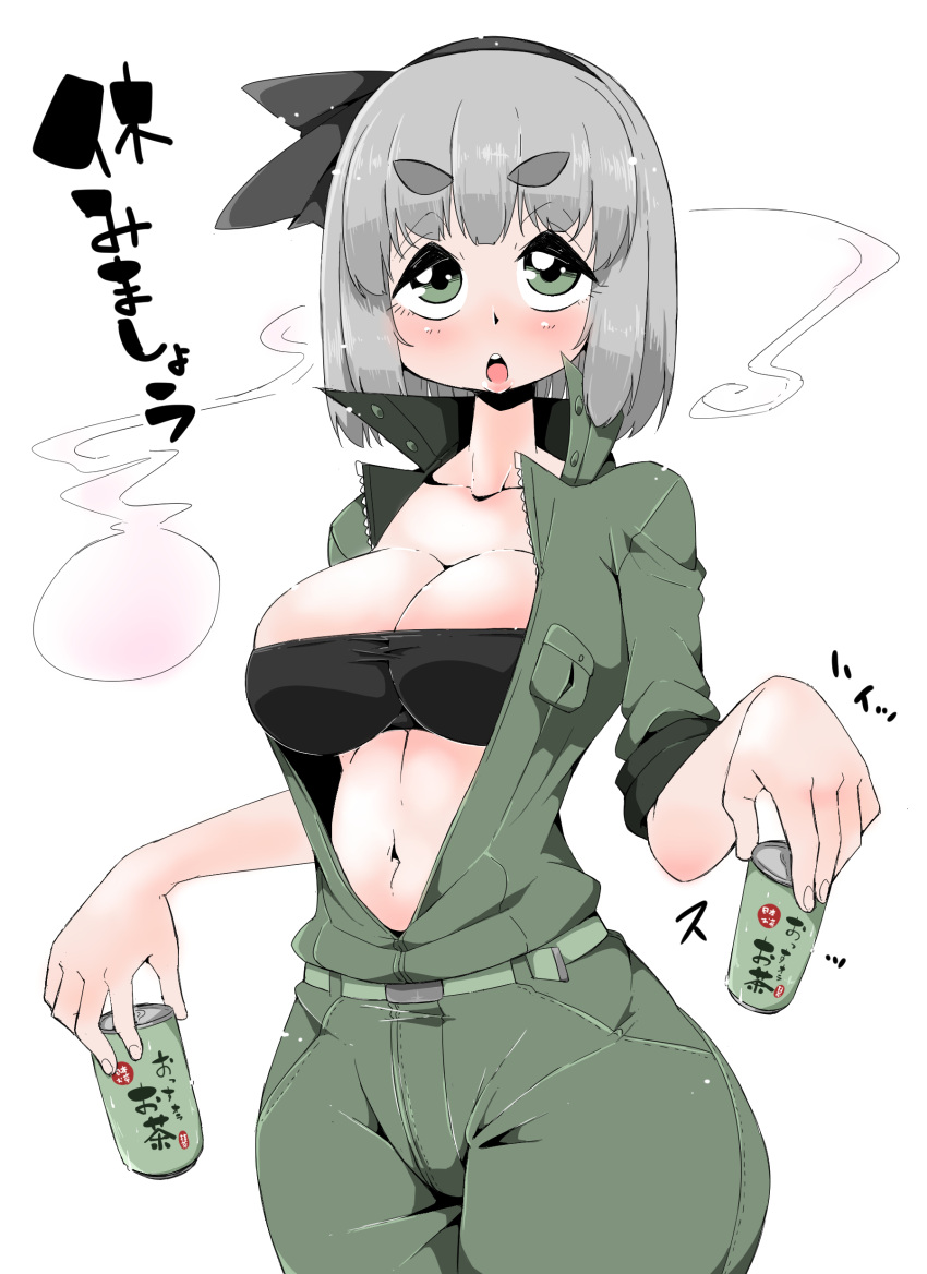 1girl absurdres bandeau bangs belt black_bandeau blush breast_pocket breasts cleavage collarbone commentary_request cowboy_shot eyebrows_visible_through_hair eyelashes green_eyes green_jumpsuit grey_hair half-closed_eyes highres holding jumpsuit konpaku_youmu large_breasts looking_at_viewer midriff narrow_waist navel object_request open_jumpsuit pocket raised_eyebrows short_hair simple_background solo takeu taut_bandeau thick_eyebrows touhou translated unzipped white_background wide_hips