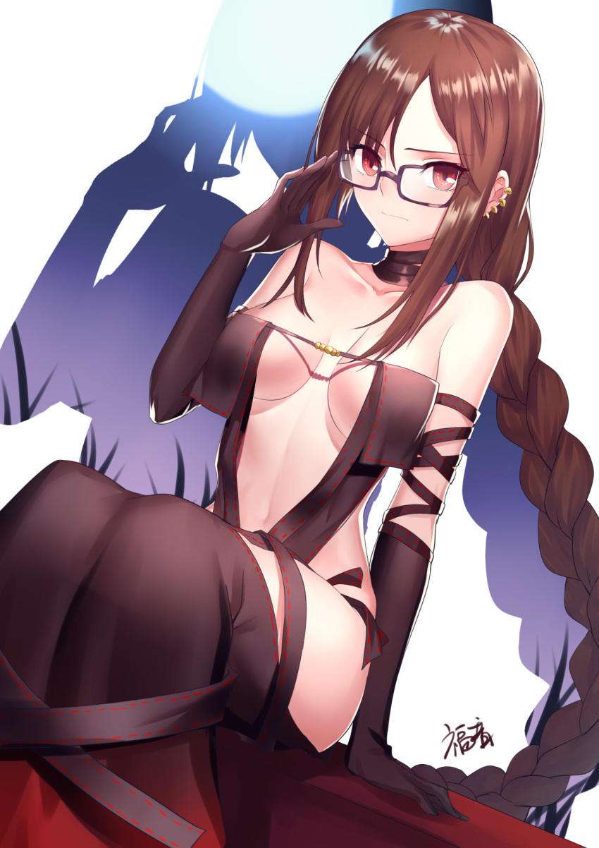 1girl adjusting_eyewear black-framed_eyewear black_dress black_gloves braid breasts brown_hair center_opening closed_mouth collarbone consort_yu_(fate) dress dutch_angle ear_piercing eyebrows_visible_through_hair fate_(series) glasses gloves gogatsu_fukuin highres long_hair looking_at_viewer medium_breasts piercing red_eyes ribbon-trimmed_dress sidelocks single_braid sitting very_long_hair zoom_layer