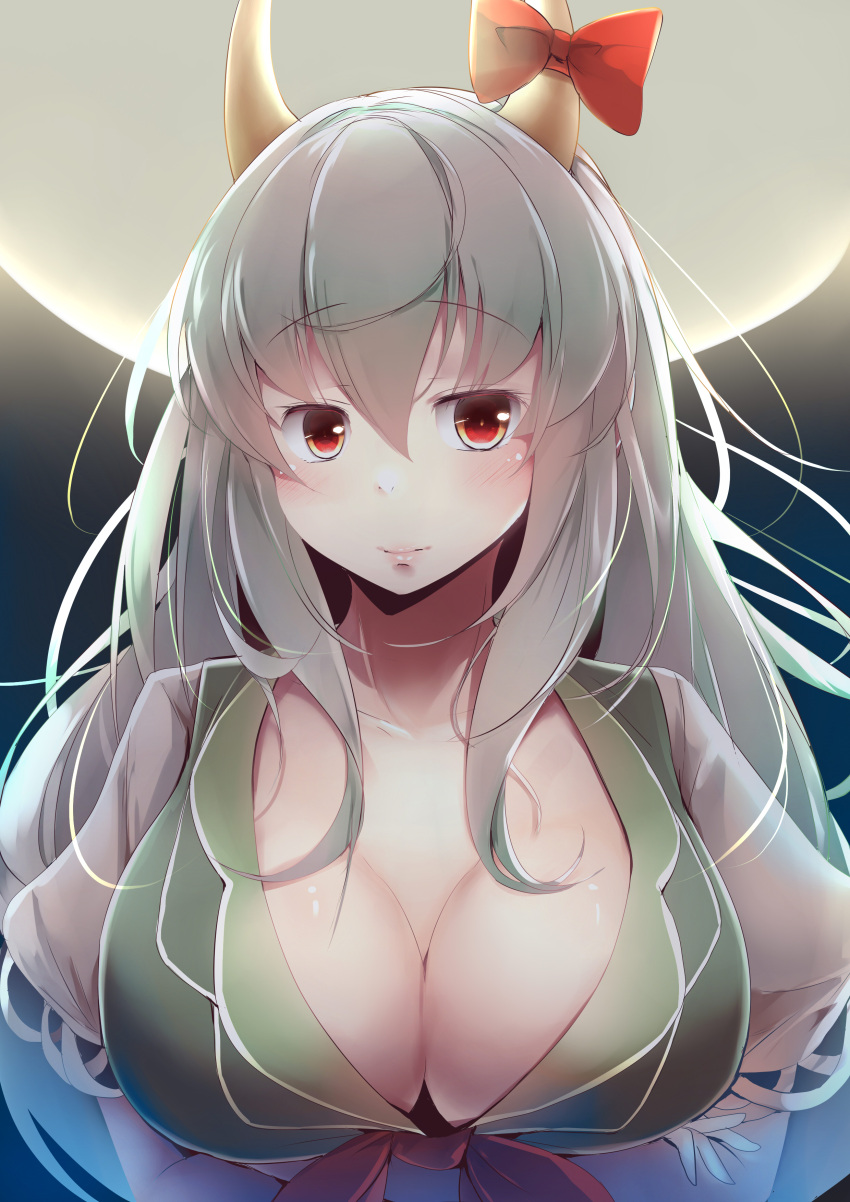 1girl absurdres bow breasts cleavage closed_eyes commentary crossed_arms dress ex-keine eyebrows_visible_through_hair full_moon green_dress green_hair hair_between_eyes hair_bow highres horns kamishirasawa_keine kanzakietc large_breasts lips long_hair looking_at_viewer moon multicolored_hair night puffy_short_sleeves puffy_sleeves red_bow red_eyes short_sleeves silver_hair smile solo touhou two-tone_hair upper_body