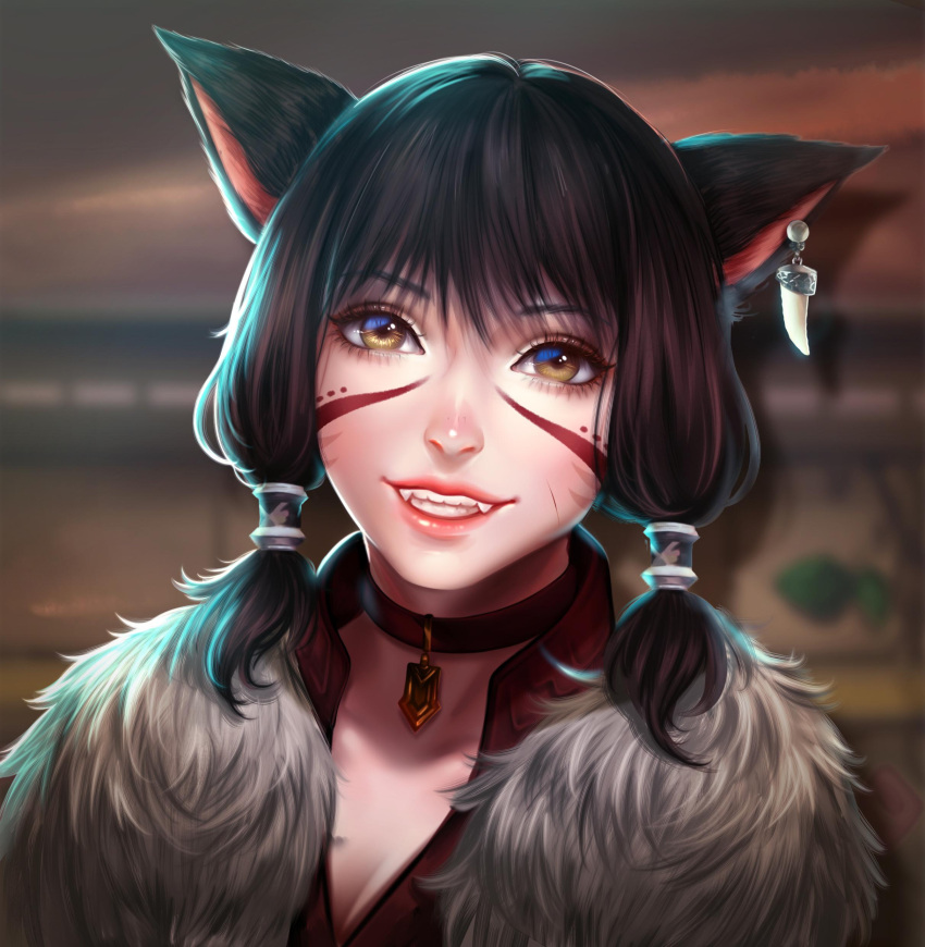 1girl absurdres animal_ears black_hair blurry blurry_background brown_eyes cat_ears choker close-up commission enmoire face facial_mark fangs final_fantasy final_fantasy_xiv hair_tubes highres jewelry looking_at_viewer miqo'te pendant scar short_hair single_earring smile solo tattoo whisker_markings