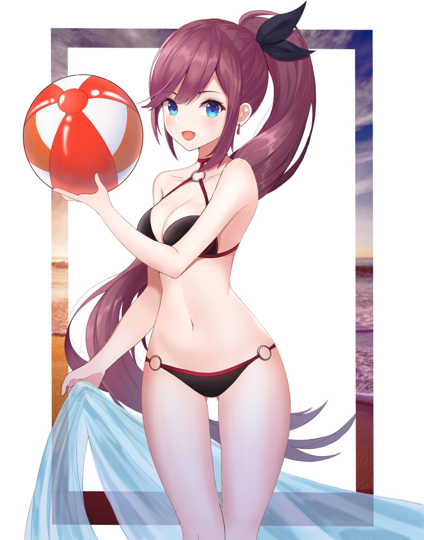 1girl ball bangs beachball bikini black_bikini black_bow blue_eyes bow breasts brown_hair cleavage collarbone floating_hair hair_bow high_ponytail highres holding holding_ball long_hair medium_breasts mozzi_kmg navel o-ring o-ring_bikini original shiny shiny_hair solo standing swept_bangs swimsuit transparent very_long_hair