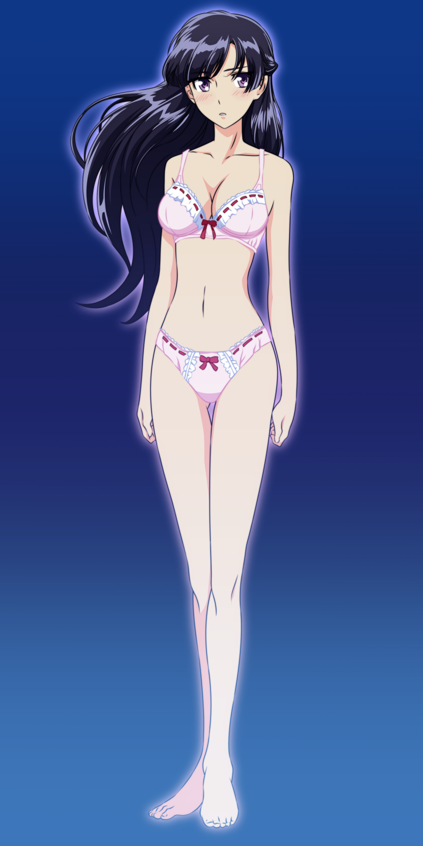 1girl absurdres ass_visible_through_thighs bangs barefoot black_hair blue_background blush bow bow_bra bow_panties bra braid breasts cleavage collarbone crown_braid floating_hair full_body gradient gradient_background highres kakumeiki_valvrave long_hair looking_at_viewer medium_breasts navel panties parted_lips pink_bra pink_panties red_bow red_ribbon ribbon ribbon-trimmed_bra ribbon-trimmed_panties rukino_saki shiny shiny_hair solo standing swept_bangs thigh_gap underwear underwear_only very_long_hair violet_eyes