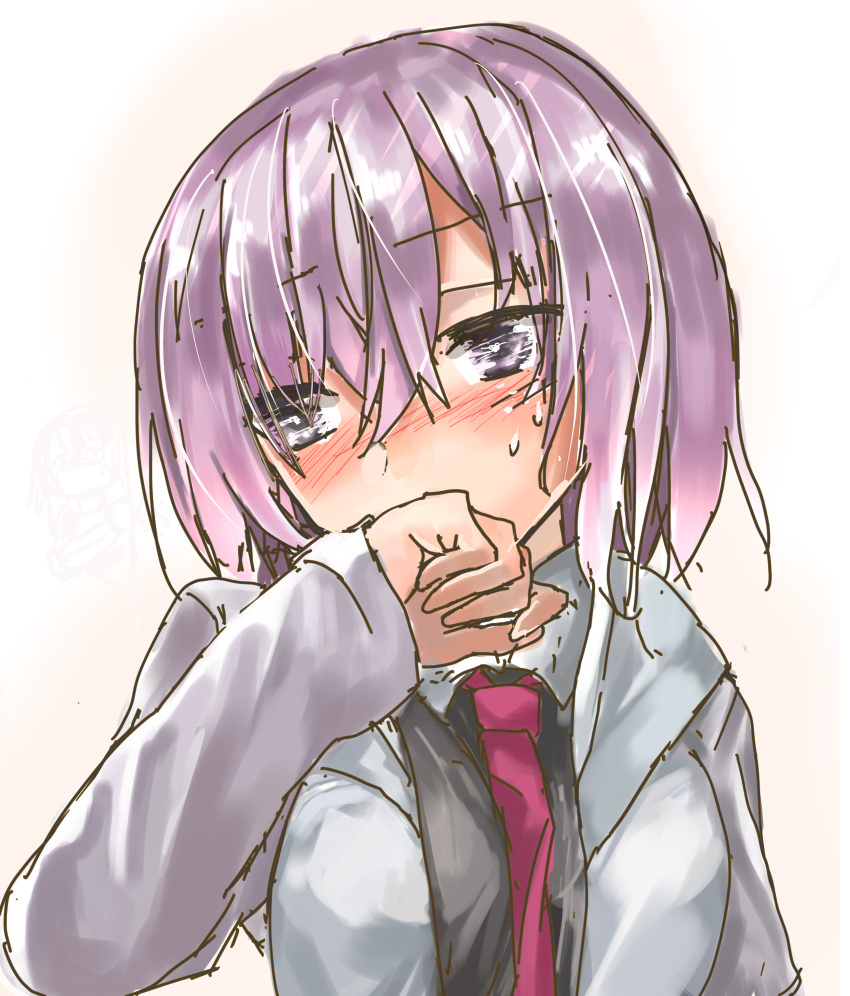 1girl absurdres araido_kagiri blush covering_mouth embarrassed fate/grand_order fate_(series) grey_hoodie hair_between_eyes heart heart-shaped_pupils highres hood hoodie mash_kyrielight necktie nose_blush short_hair sketch solo sweat symbol-shaped_pupils upper_body violet_eyes white_background