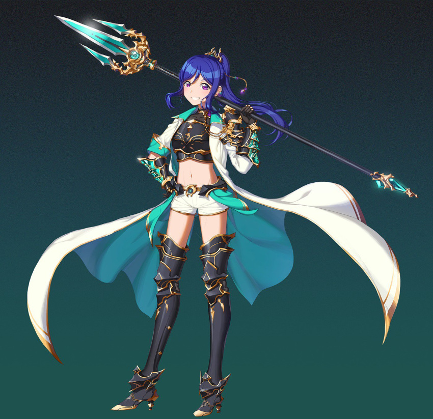 1girl :d armor armored_boots bangs black_background black_gloves blue_hair boots breastplate breasts coat collarbone commentary_request corsetman crop_top floating_hair full_body gauntlets gloves gradient gradient_background grin groin hair_ornament hand_on_hip hand_up high_heels highres holding holding_spear holding_weapon legs_apart long_coat long_hair long_sleeves love_live! love_live!_sunshine!! matsuura_kanan midriff navel open_clothes open_coat open_mouth over_shoulder parted_bangs polearm ponytail short_shorts shorts shoulder_armor sidelocks sleeves_folded_up small_breasts smile solo spear standing stomach tareme teeth thigh-highs thigh_boots thighs trident violet_eyes weapon weapon_over_shoulder white_coat white_shorts wing_collar