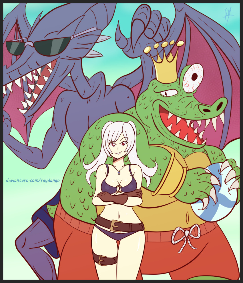 1girl 2others alien animal bikini cape crocodilian crown dark_persona donkey_kong_(series) donkey_kong_country evil_smile female_my_unit_(fire_emblem:_kakusei) fire_emblem fire_emblem:_kakusei fire_emblem_heroes gimurei gloves highres hood intelligent_systems king_k._rool long_hair looking_at_viewer super_mario_bros. metroid monster my_unit_(fire_emblem:_kakusei) nintendo open_mouth rareware raydango red_eyes ridley robe sharp_teeth simple_background smile sora_(company) super_mario_bros. super_smash_bros. super_smash_bros._ultimate swim_trunks swimsuit teeth twintails white_hair wings