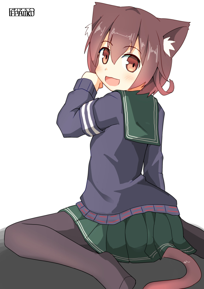 1girl animal_ears artist_name back blue_jacket blush brown_hair cat_ears cat_tail crescent crescent_moon_pin eyebrows_visible_through_hair gradient_hair green_sailor_collar green_skirt hair_between_eyes highres jacket kantai_collection long_sleeves looking_at_viewer looking_back multicolored_hair mutsuki_(kantai_collection) neckerchief open_mouth pantyhose pepatiku pleated_skirt redhead remodel_(kantai_collection) sailor_collar school_uniform serafuku short_hair simple_background sitting skirt smile solo tail wariza white_background