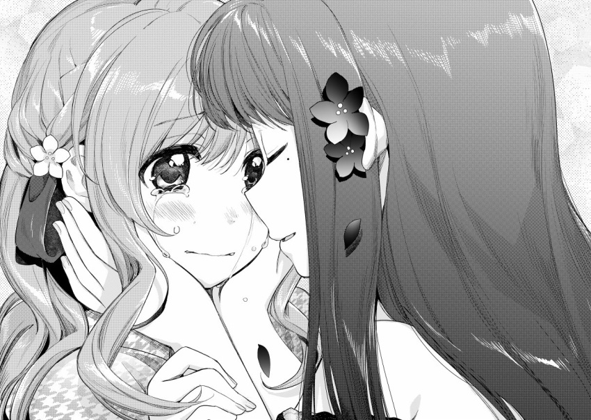 2girls bangs blush closed_eyes closed_mouth commentary_request copyright_request couple crying crying_with_eyes_open face-to-face female flower greyscale hair_flower hair_ornament hands_on_another's_face highres imminent_kiss kawai_makoto long_hair looking_at_another mole mole_under_eye monochrome multiple_girls open_mouth smile tears upper_body yuri